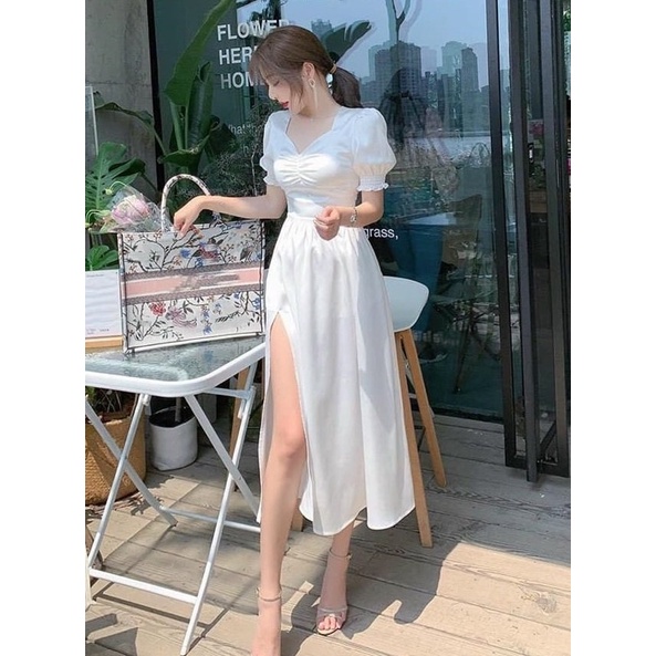 Đầm trắng xẻ tà tay phồng Tyfashion TFD56 dúng ngực hotgirl xuống phố đi dạo đi biển
