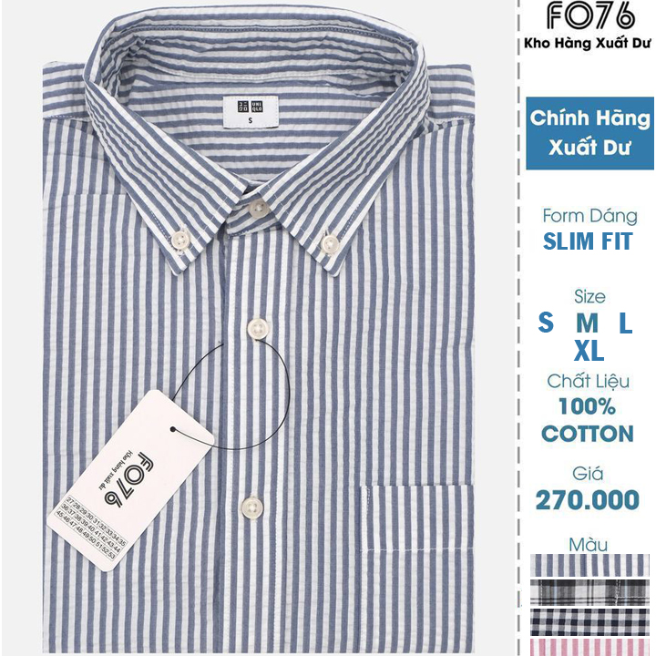 Áo Sơ Mi Nam Tay Ngắn Kẻ Sọc Slim Fit Vải Cotton Chính Hãng Xuất Dư FO76SHOP