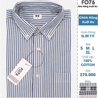 Áo Sơ Mi Nam Tay Ngắn Kẻ Sọc Slim Fit Vải Cotton Chính Hãng Xuất Dư FO76SHOP