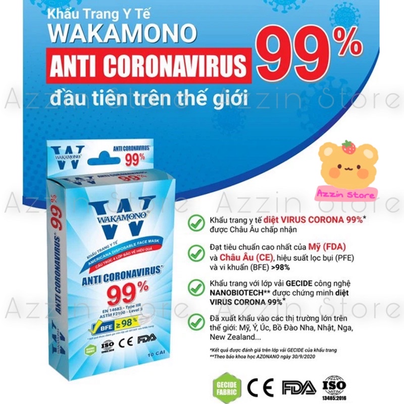 KHẨU TRANG WAKAMONO DIỆT 99% VIRUS NCOV (4 LỚP, HỘP 10 CÁI)