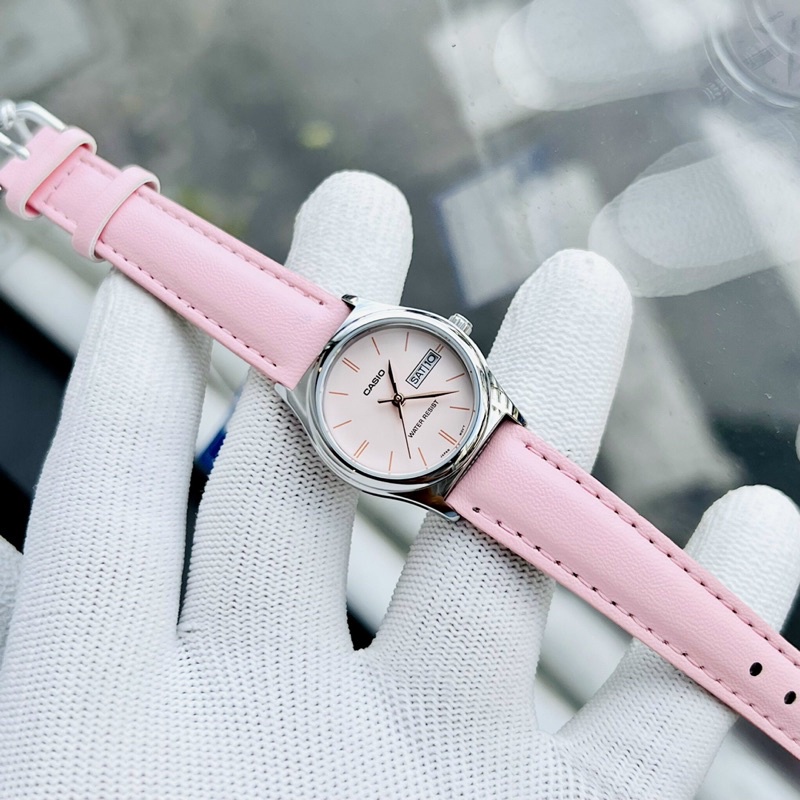 Đồng hồ Nữ Casio LTP-V006L-4B, đồng hồ chính hãng, dây da hồng trơn mặt trắng GẠCH nữ