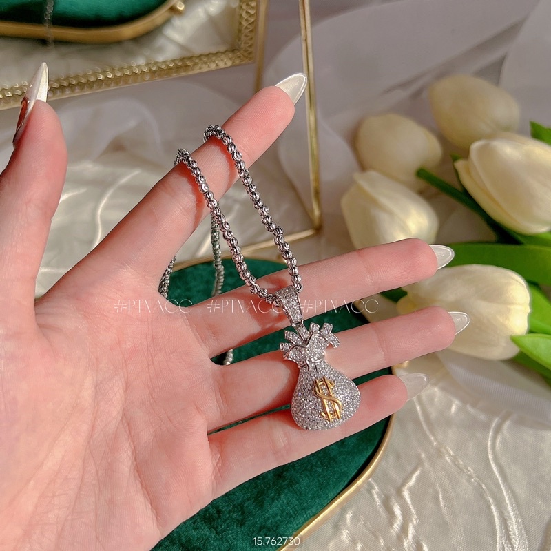 Dây chuyền, vòng cổ bi mảnh phối mặt túi tài lộc kim vàng .PTNACC.