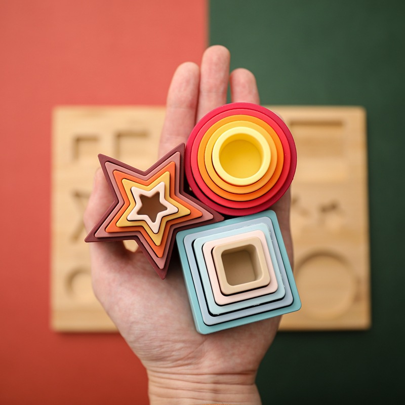 Bộ Đồ Chơi Xếp Chồng Silicon Mềm, nhận biết hình học theo phương pháp Montessori