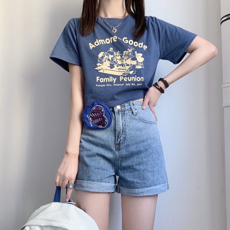 Áo Thun Crop top Tay Ngắn Dáng Rộng In Họa Tiết Phong Cách retro Mỹ Thời Trang Cho Nữ WT-TX-361