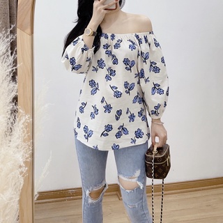 ( Ảnh thật ) A0613 Áo trễ vai tay lửng hoạ tiết