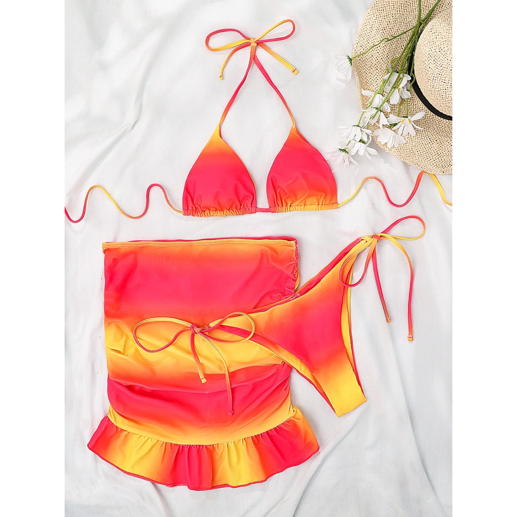 [BKN1503] &lt;ÂU&gt; SET BIKINI 3 MÓN OMBRE VÀNG ĐỎ KÈM CHÂN VÁY ĐUÔI CÁ