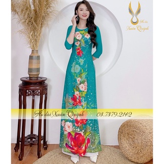 Áo dài truyền thống dải hoa hồng trà, lụa habutai cao cấp a19 - áo dài xuân quỳnh