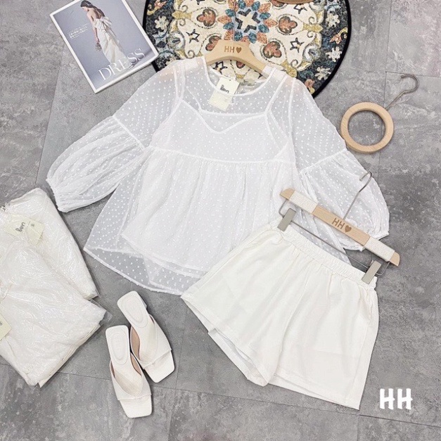Set babydoll hoa trắng nổi tay bồng ( kèm ảnh, video thật shop tự quay )