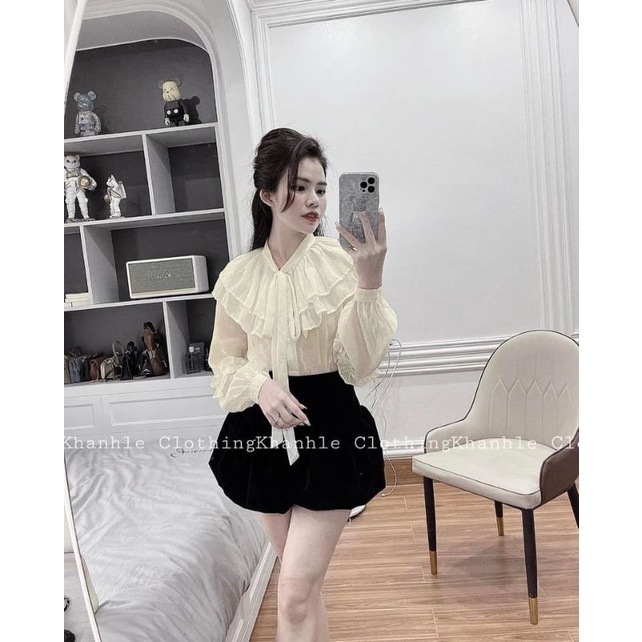 Set đồ nữ đẹp.Áo sơ mi tơ bèo tiểu thư 2 lớp phối quần sooc bồng 2 lớp dễ thương.Bộ nữ dễ thương giá rẻ.