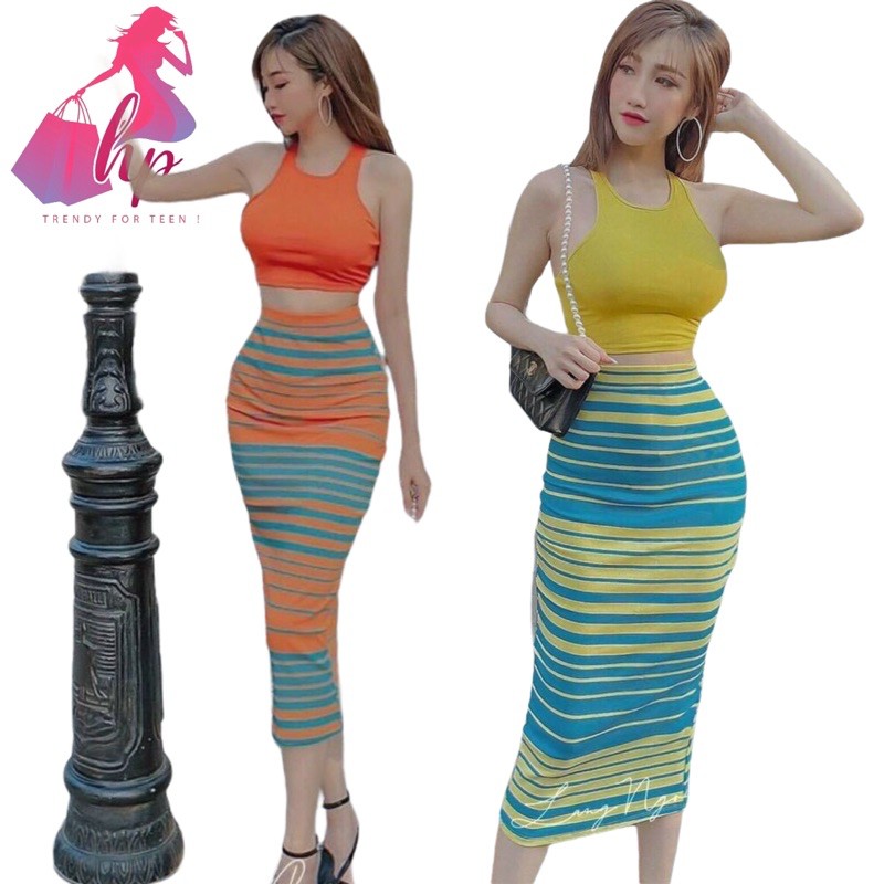 Set đồ nữ áo croptop ba lỗ sát nách kèm váy dài ôm body thun xịn mịn mẫu mới sang chảnh 2021 trend hàn quốc