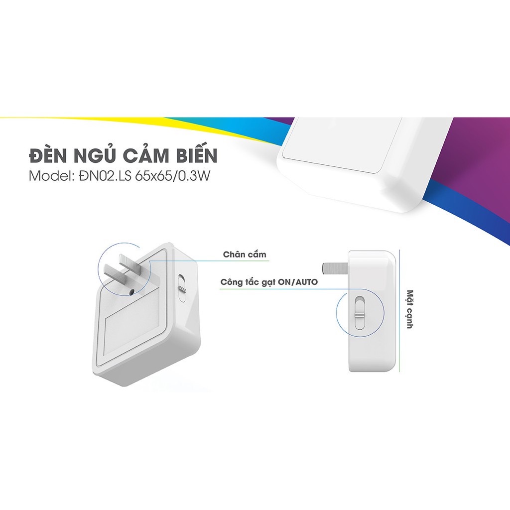 Đèn ngủ cảm biến Rạng đông Model: ĐN02.LS 65x65/0.3W- Hàng Chính Hãng