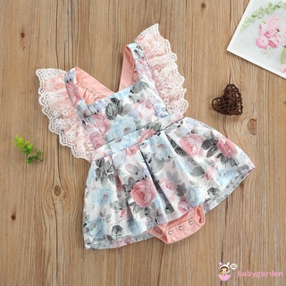 Bộ áo liền quần tay ngắn hở lưng phối ren in hoa thời trang mùa hè cho bé gái 0-24 tháng tuổi
