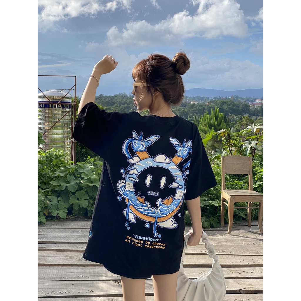 Áo thun tay lỡ OHYEAH phông Unisex nam nữ Premium Cotton oversize form rộng SUMMER VIBES - Đen