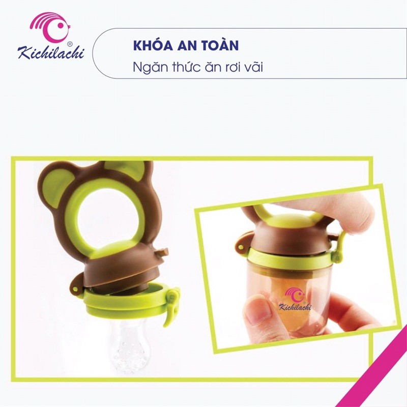 Túi nhai ăn dặm KICHILACHI chống hóc hình gấu,an toàn không BPA, có 3 núm nhai và kẹp xích