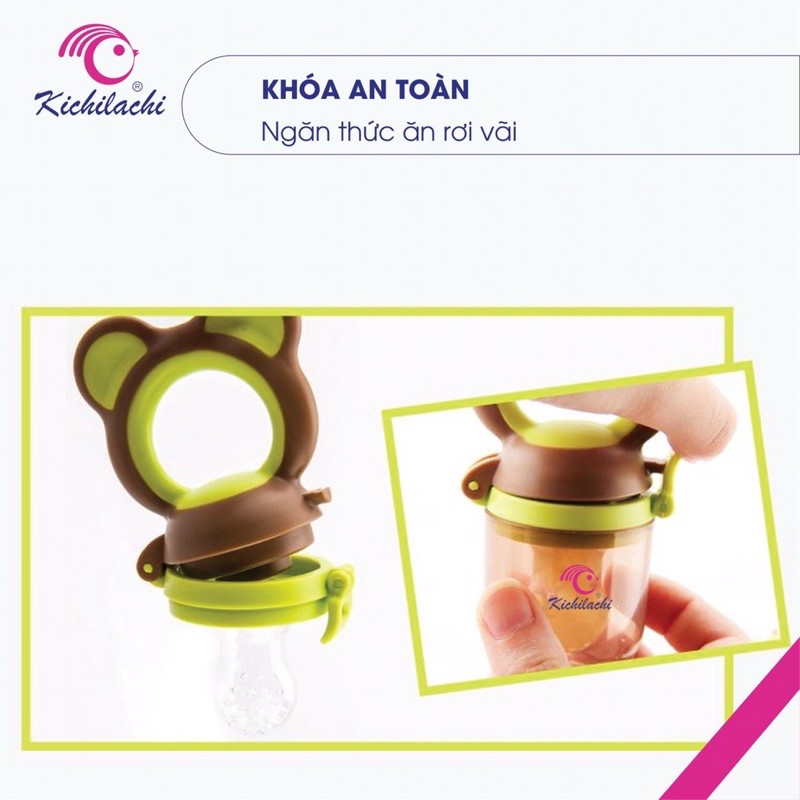 [Mã 157FMCGSALE giảm 8% đơn 500K] Túi nhai ăn dặm KICHILACHI chống hóc hình gấu,an toàn k BPA,có 3 núm nhai và kẹp xích