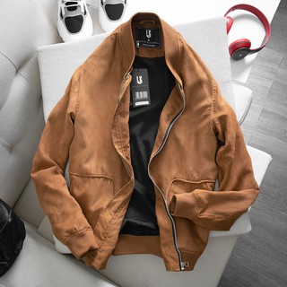Áo khoác bomber da lộn lót lụa hàng độc quyền Lkdenim, áo khoác nam mẫu mới 2020