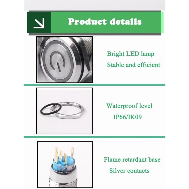 Nút Công Tắc Kim Loại 19mm Chống Nước IP66 2NO2NC Tự Khóa 12V 24V 220V