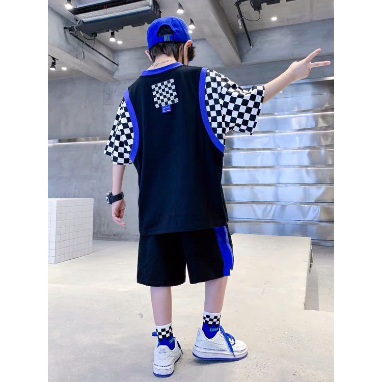 Bộ đồ bé trai Con Xinh cotton hình in gấu SUBO tay phối caro,thời trang dành cho trẻ em từ 4 đến 10 tuổi