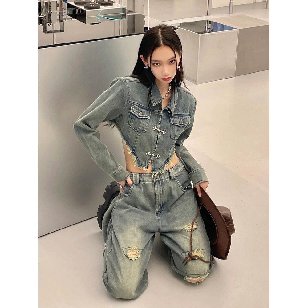 Áo Khoác Denim Tay Ngắn Dáng Rộng Phong Cách Thời Trang Retro Đường Phố Mùa Thu 2022