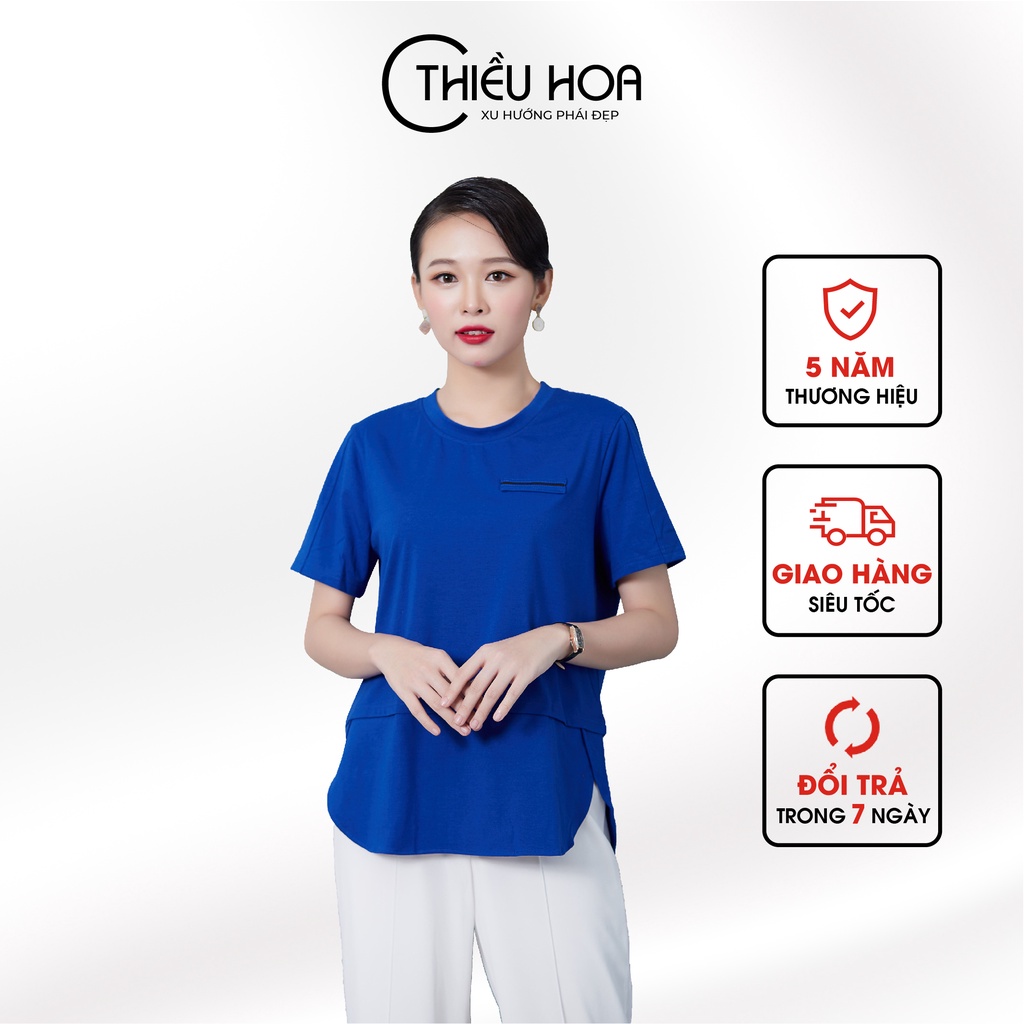 Áo Thun Tay Ngắn Cho Nữ Trung Niên Thiều Hoa Thiết Kế Tà Bo Tròn Trẻ Trung Chất Cotton Mềm Mịn Thoáng Mát AN1N0422
