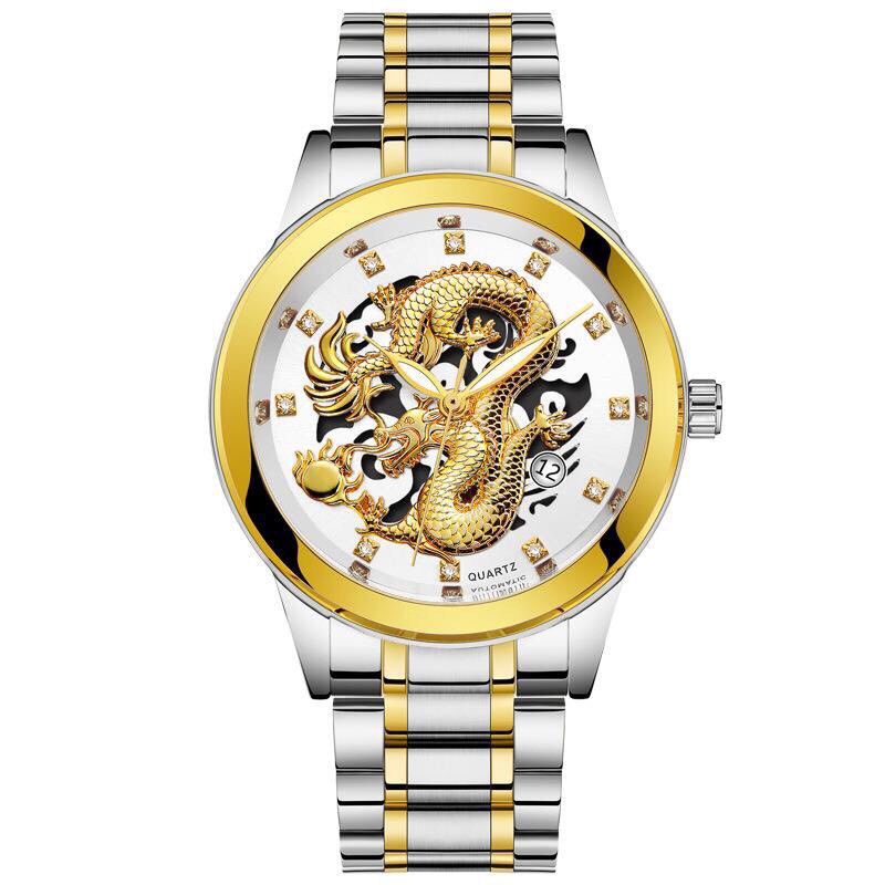 Đồng hồ thời trang Nam Rồng vàng có lịch - kim dạ quang siêu sang MS935