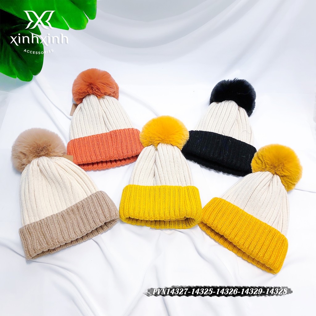 Mũ len đính quả bông phối hai màu cao cấp cho bạn gái - Xinh Xinh Accessories