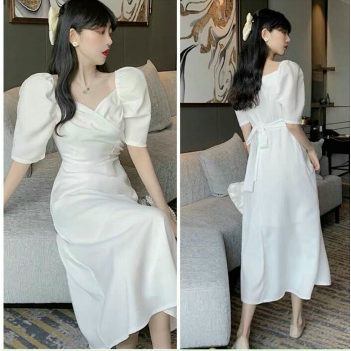 Đầm trắng dáng xòe tay bồng cổ đắp chéo thắt eo