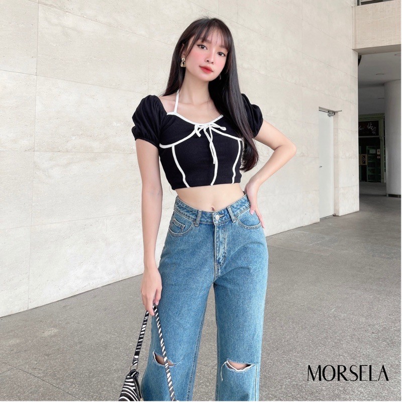 Áo croptop nữ tay phồng cổ yếm viền cách điệu - Áo crop top kiểu nữ - Morsela