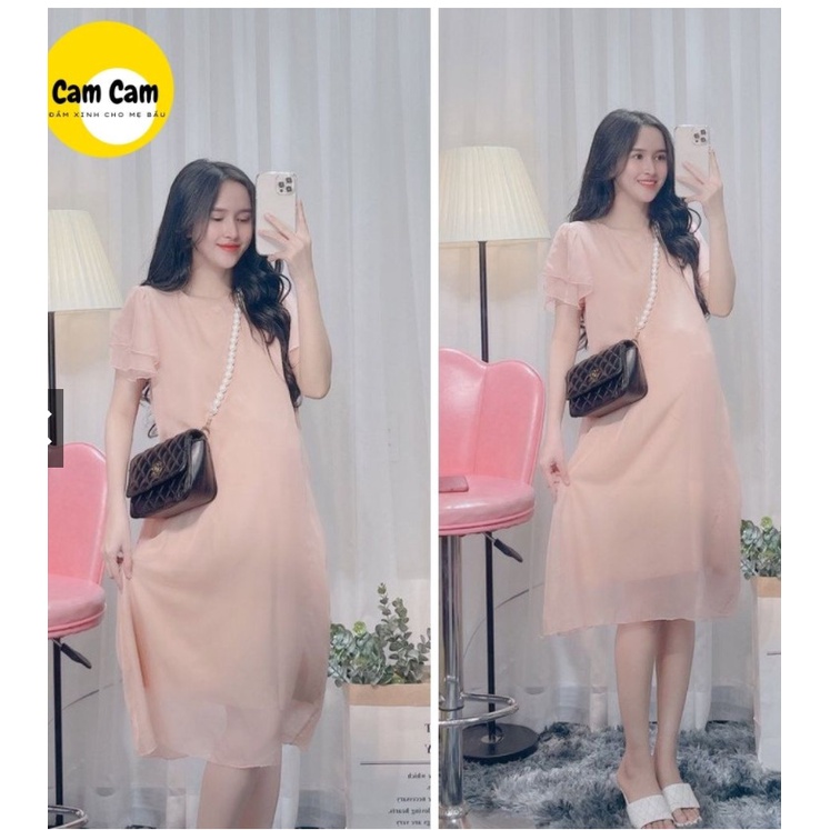 Váy bầu voan xinh xinh,Đầm bầu công sở, dự tiệc, voan hồng 2 lớp sang trọng, tay phồng 2 tầngFREESHIP