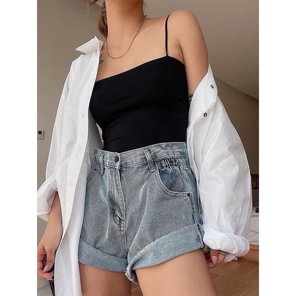 Áo 2 dây 2 lớp croptop dệt kim có sẵn mút ngực