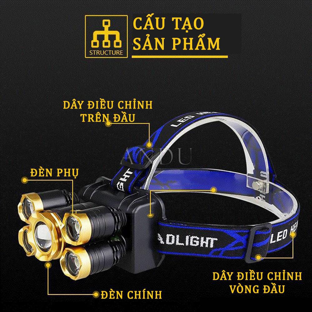 Đèn Pin Đội Đầu Đeo Trán 5 Bóng T6, Đèn Siêu Sáng Kèm Pin Sạc gọn gàng thuận tiện cho việc di chuyển | BigBuy360 - bigbuy360.vn