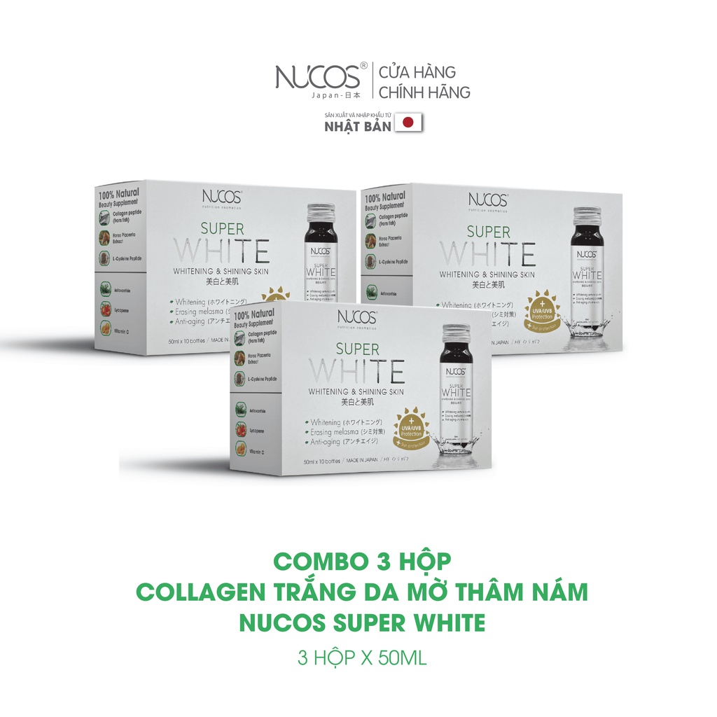 Combo 3 Hộp Collagen trắng da mờ thâm nám Nucos Super White 3x50mlx10chai