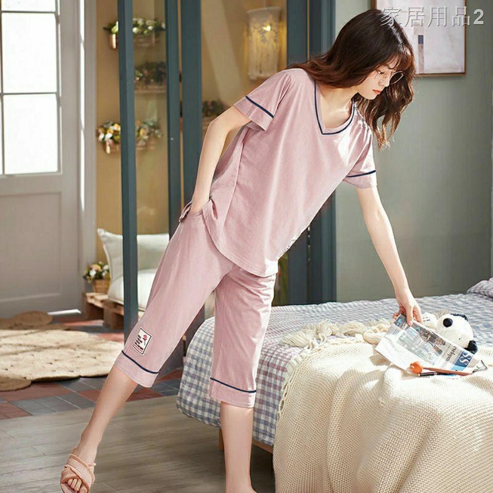 ◎Bộ đồ ngủ mùa hè nữ ngắn tay cotton bảy điểm Quần dài cắt bông cho các môn thể thao giải trí, có mặc nhà bằng vải mỏng1