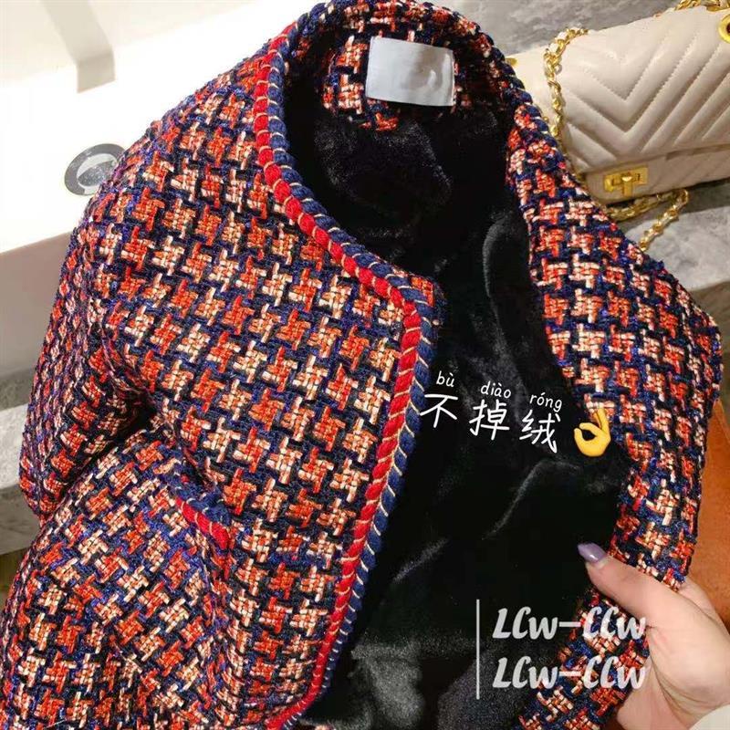 Small woolen coat short style girl 2021 new plaid tweed and velvet socialite blouse
