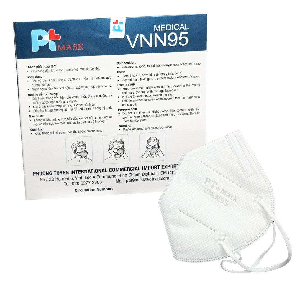 Khẩu Trang Y Tế PT MASK VNN95, Chống Bụi Siêu Mịn PM2.5, Màu Trắng (Một hộp gồm 10 cái)