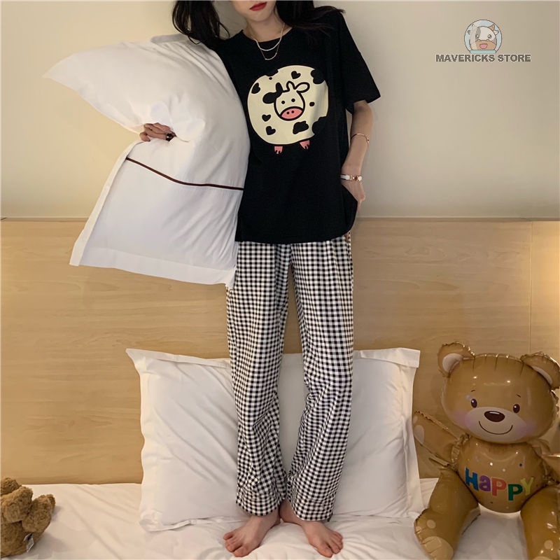 Bộ áo tay ngắn in họa tiết con bò và quần dài lưng cao sọc ca rô thời trang mùa hè mặc ở nhà dành cho nữ