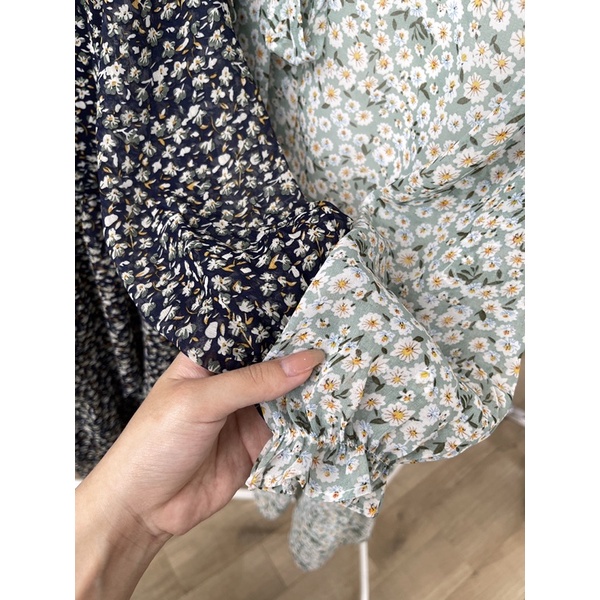 Váy hoa cổ nơ xanh đen