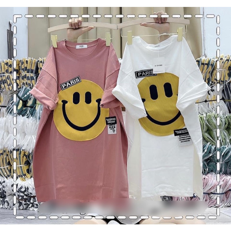 Áo phông tay lỡ hình mặt cười, áo thun form rộng cotton 3158