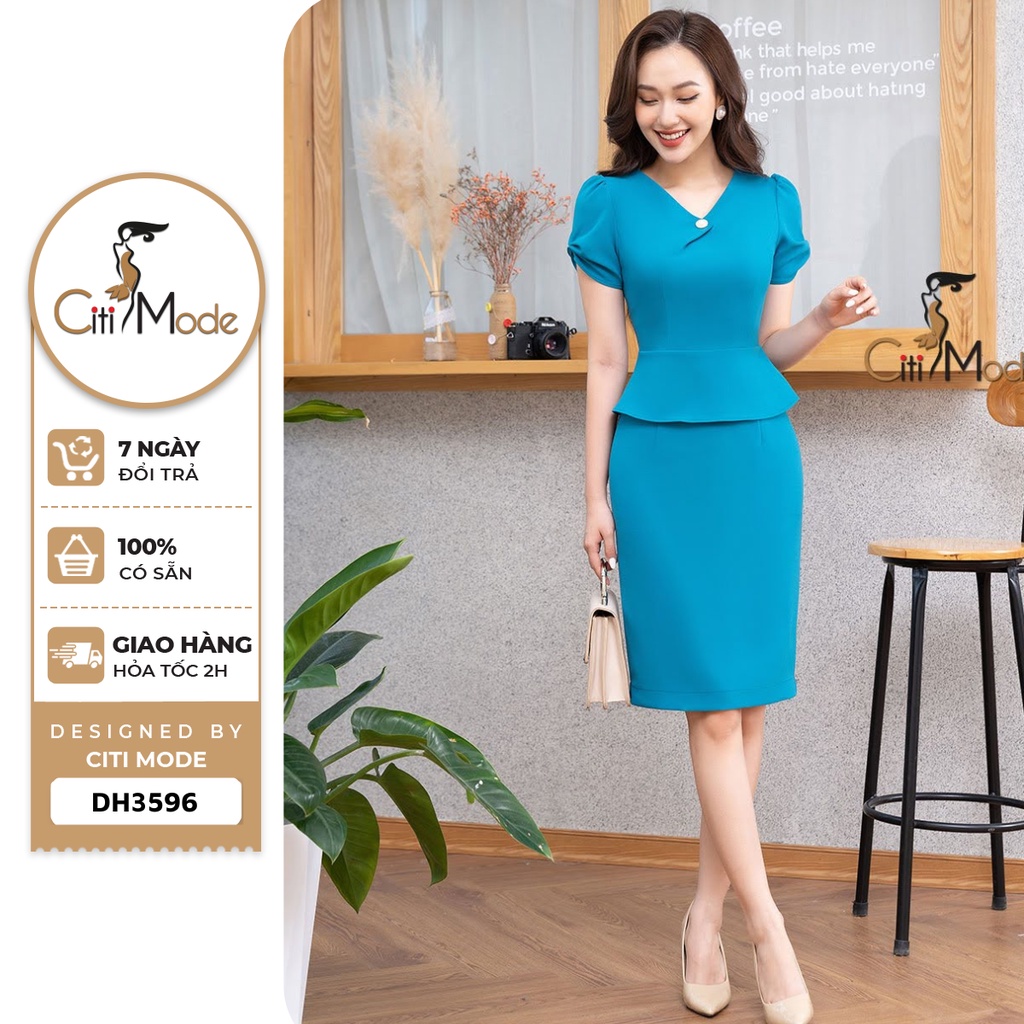 Đầm công sở CITI MODE FASHION dáng ôm peplum thiết kế cổ V phối tay nhún DH3596