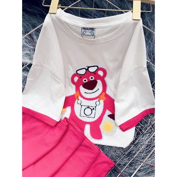 Set áo cotton gấu hồng thêu quần suông hình thật K3