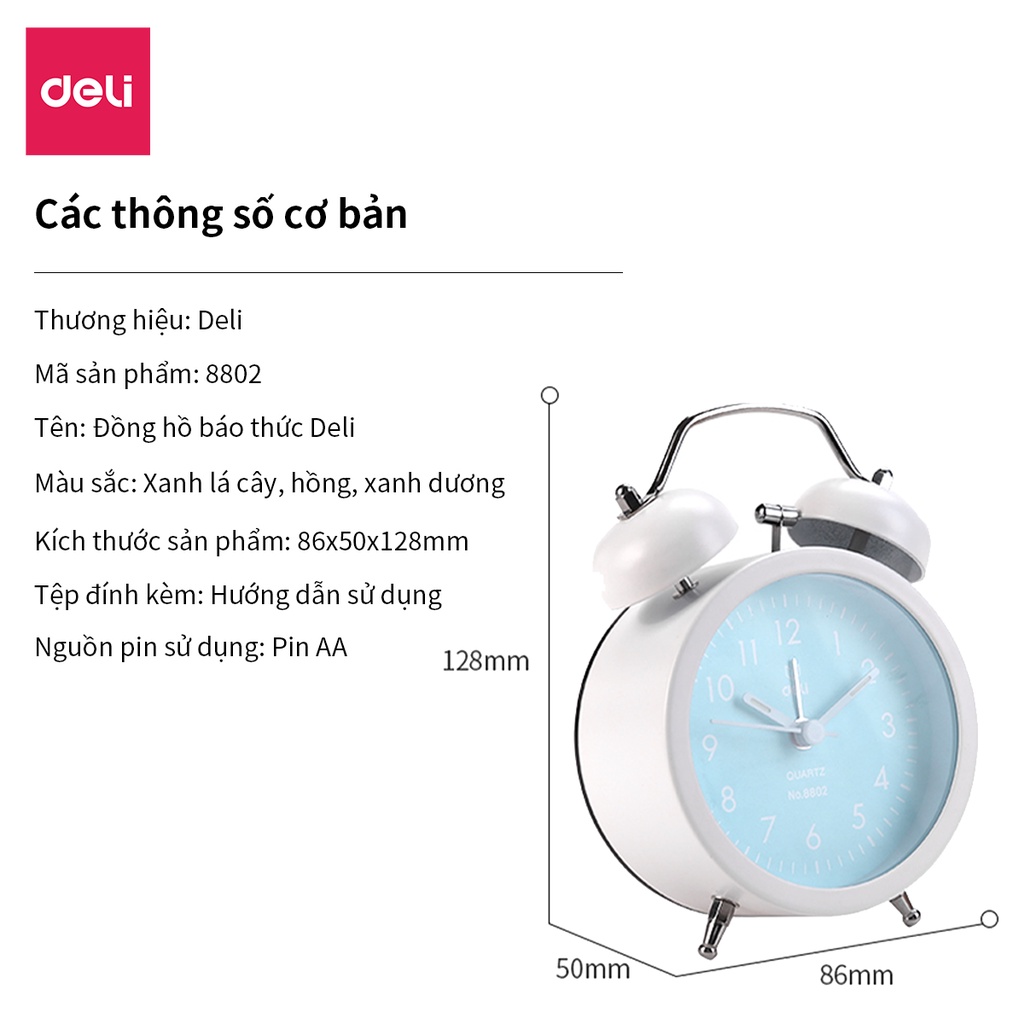 [Mã LIFEDL44 giảm 50K đơn 99K] Đồng hồ báo thức Deli - Xanh dương/Xanh lá/ Hồng - 8802