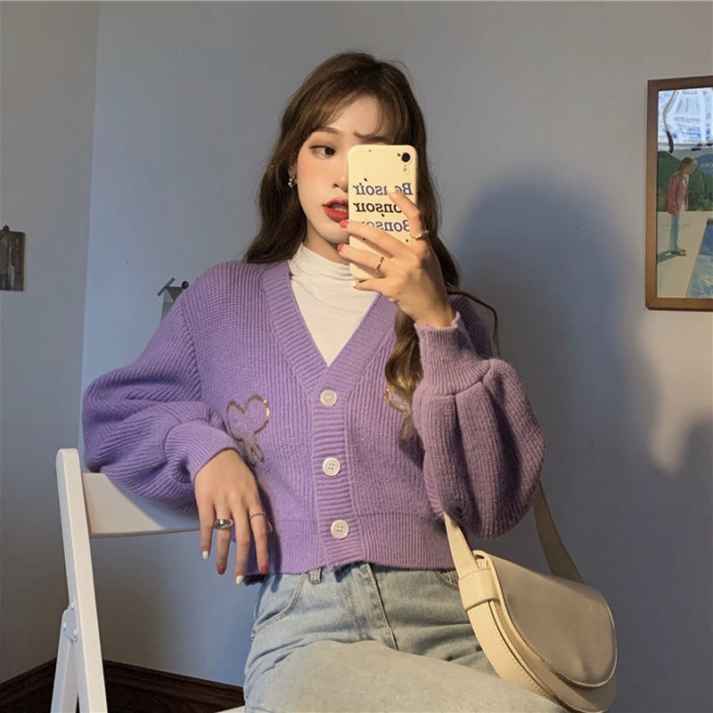 Áo Sweater Tay Dài Dáng Suông Ngắn Màu Tím Dễ Phối Đồ Thời Trang Phong Cách Hàn Quốc