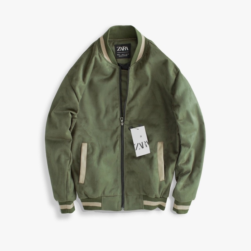 Áo khoác Bomber Jacket da lộn ZR phối viền chất da dày ấm