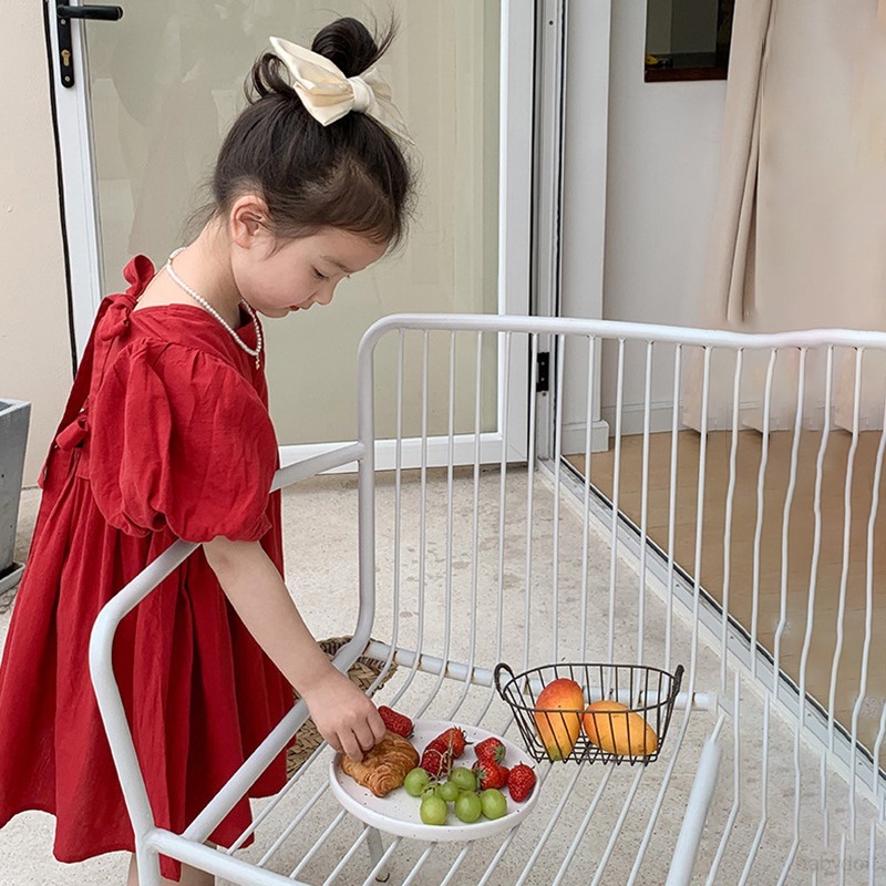 Đầm Công Chúa Màu Trơn Thắt Nơ Lưng Phồng Hở Lưng Thoáng Khí Dành Cho Bé Gái