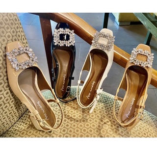 Giày cao gót nữ 3 phân mũi vuông kiểu dáng slingback phối nơ đá cao cấp _AMIN3005XBND