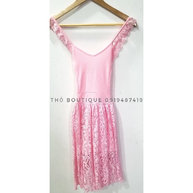 Đầm ngắn FOREVER21 xoè thun cổ V ren hồng dâu hở lưng dây bèo chéo tiểu thư