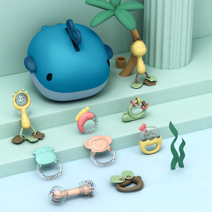 Set đồ chơi xúc xắc gặm nướu 9 món hình cá voi xanh cho bé sơ sinh