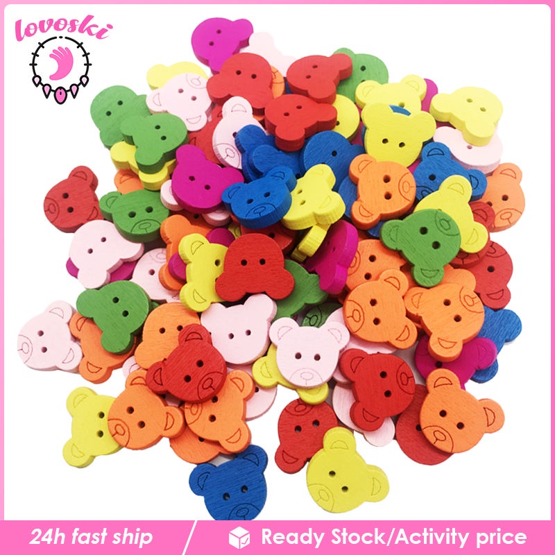 Bộ 100 Nút Gỗ Hình Gấu Nhiều Màu Sắc Dùng Trang Trí Scrapbook DIY