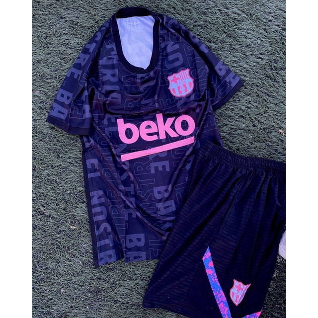 Set Bộ quần áo bóng đá nam nữ vải gai thái quần có túi clb barca áo đen hoạ tiết quần đen 2022 2023