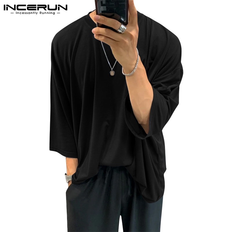 Áo thun INCERUN cotton tay lỡ cổ tròn màu trơn thời trang mùa hè cho nam giới
